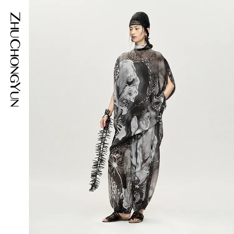 【深海之境】ZHUCHONGYUN2026夏新款真丝印花休闲阔腿裤C1GB23925