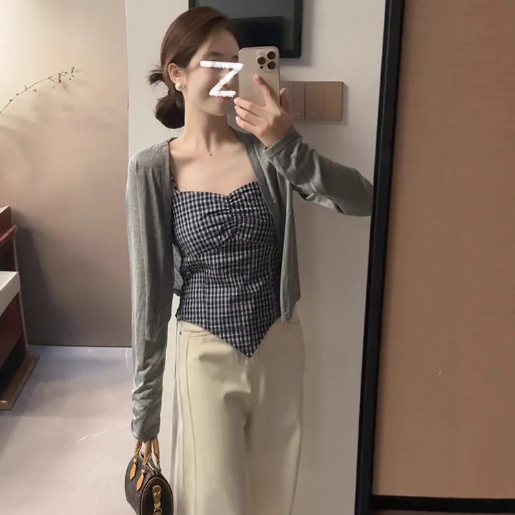 2025新款纯欲慵懒风女格纹吊带背心上衣简约百搭纯色开衫两件套装