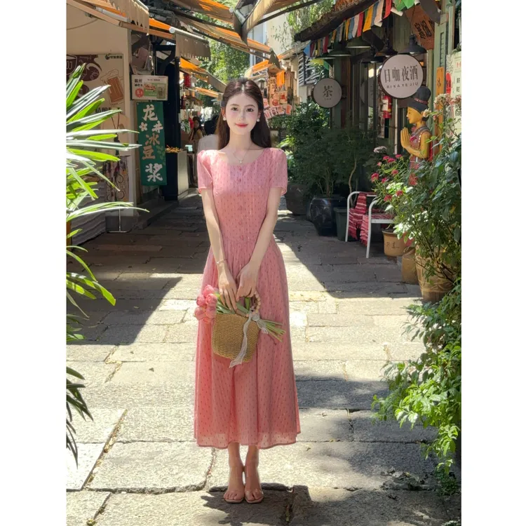 【浪漫假日】LiLi李李家夏季法式甜美风温柔粉色显瘦连衣裙XMZH8255