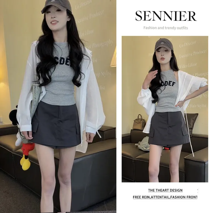 夏季一整套女装2025新款韩版减龄时尚衬衫外套无袖上衣裙裤三件套