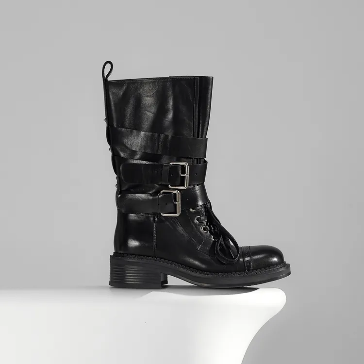 【ET家】2025设计师款水洗马皮女靴秋冬中筒皮带扣马丁靴英伦风时尚