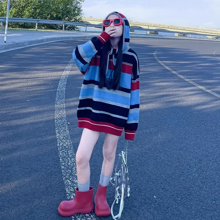 女童条纹毛衣春秋季2025新款韩版连帽休闲套头针织衫大童连帽上衣