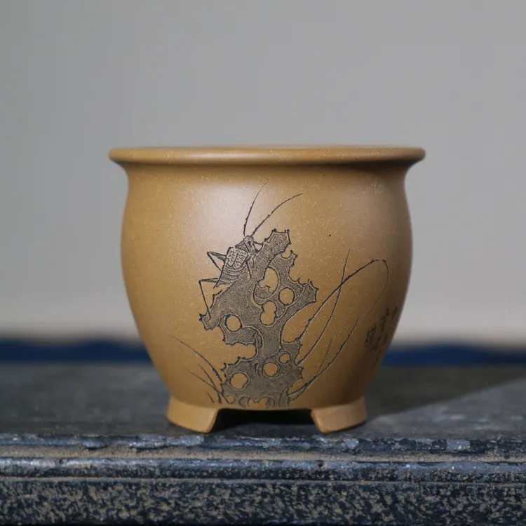 紫砂花盆桌面盆栽小盆微型花盆唯珍太湖石手工盆铜钱孔降坡泥