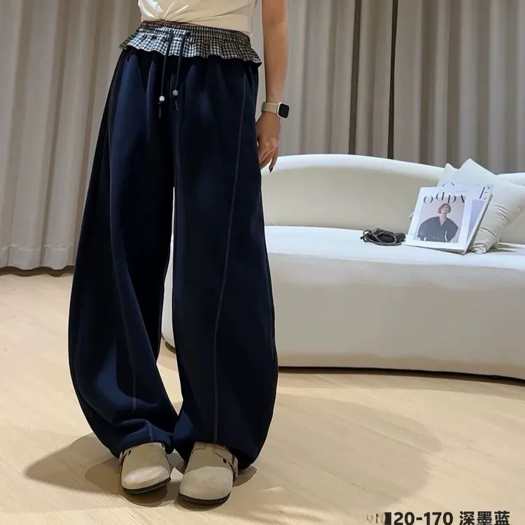 2025女童韩版春秋新款儿童纯色格子花边阔腿宽松中大童休闲裤