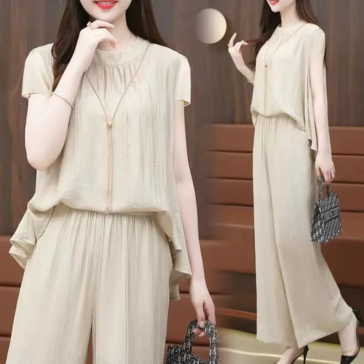 2024短袖时尚套装女夏季新款冰丝气质洋气宽松上衣阔腿裤两件套