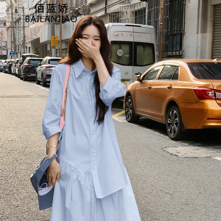 蓝色连衣裙秋季女2025新款韩系高级衬衣裙宽松休闲简约长裙衬衫裙