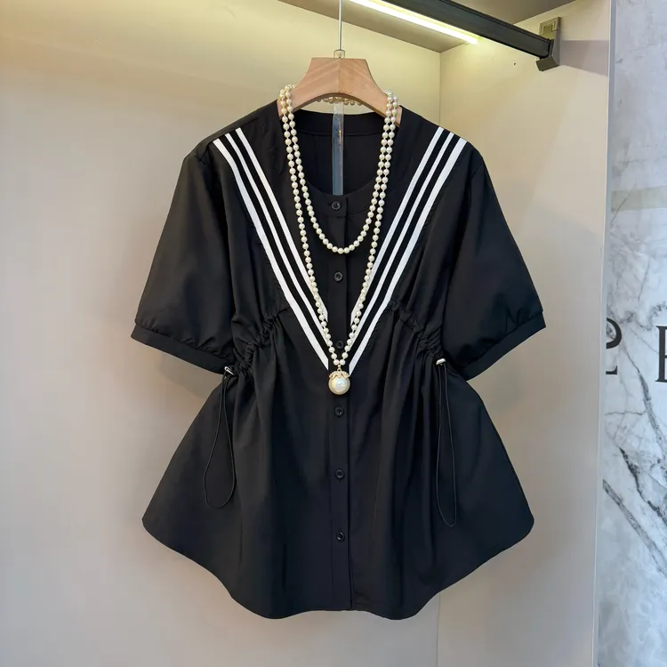 2025欧洲站韩系圆领扛条拼接腰部抽绳胖mm显瘦半袖衬衫9025
