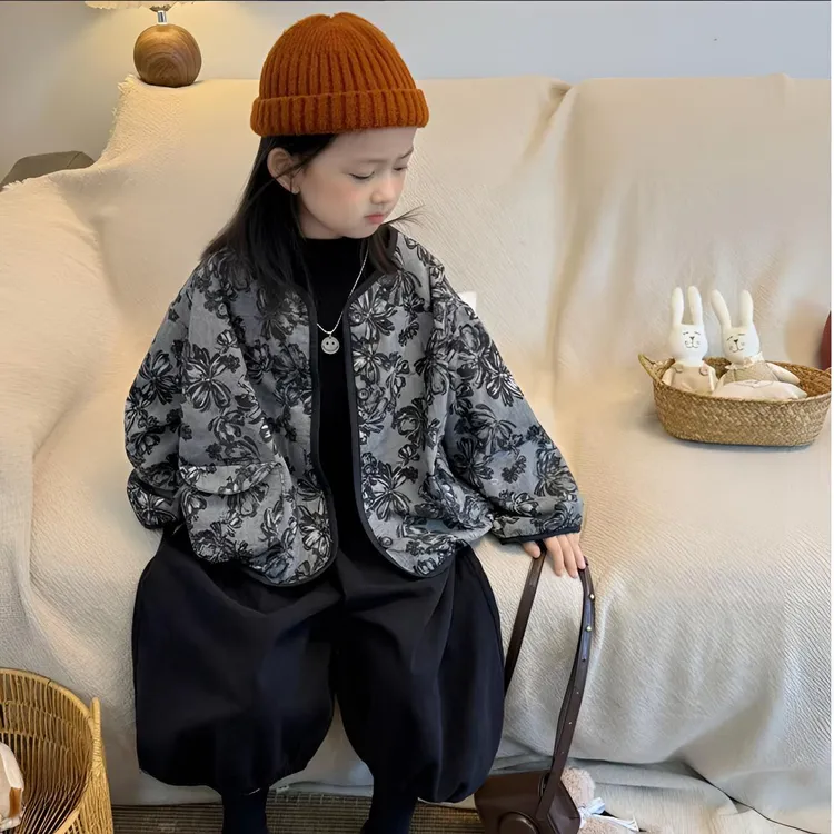 女童韩版2025秋冬加棉套装儿童碎花外套灯笼长裤洋气百搭休闲套装