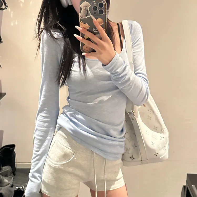 薄款女打底衫上衣夏季软纯色美式舒套头百搭长袖内搭ins潮T恤2024