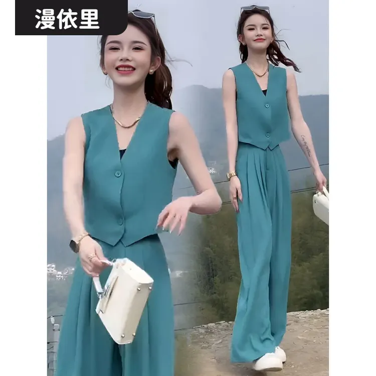 l时尚套装女2025年夏季新款小个子显瘦西装马甲高腰阔腿裤两件lI