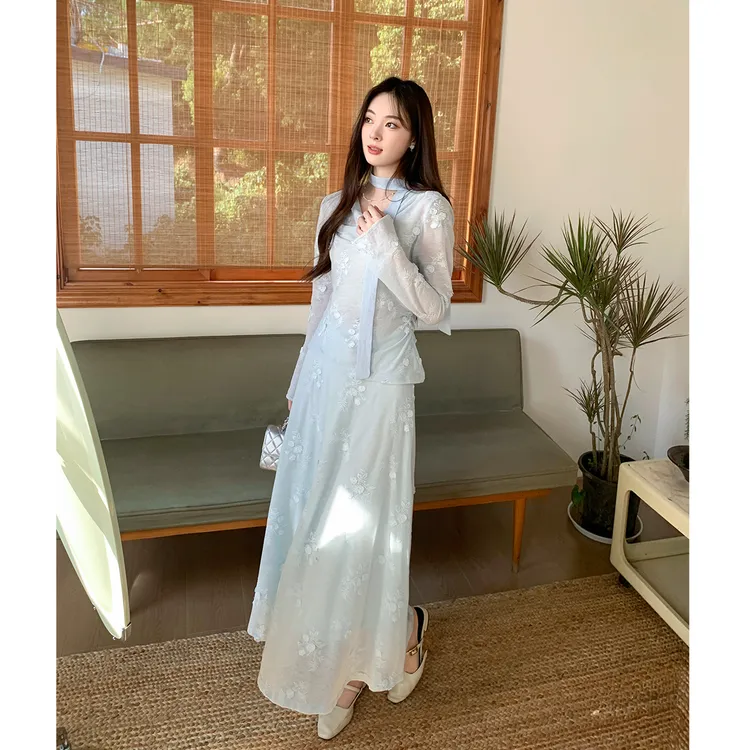 GERTCOREL2025新款春秋季法式修身轻薄针织衫半裙绣花高档套装女