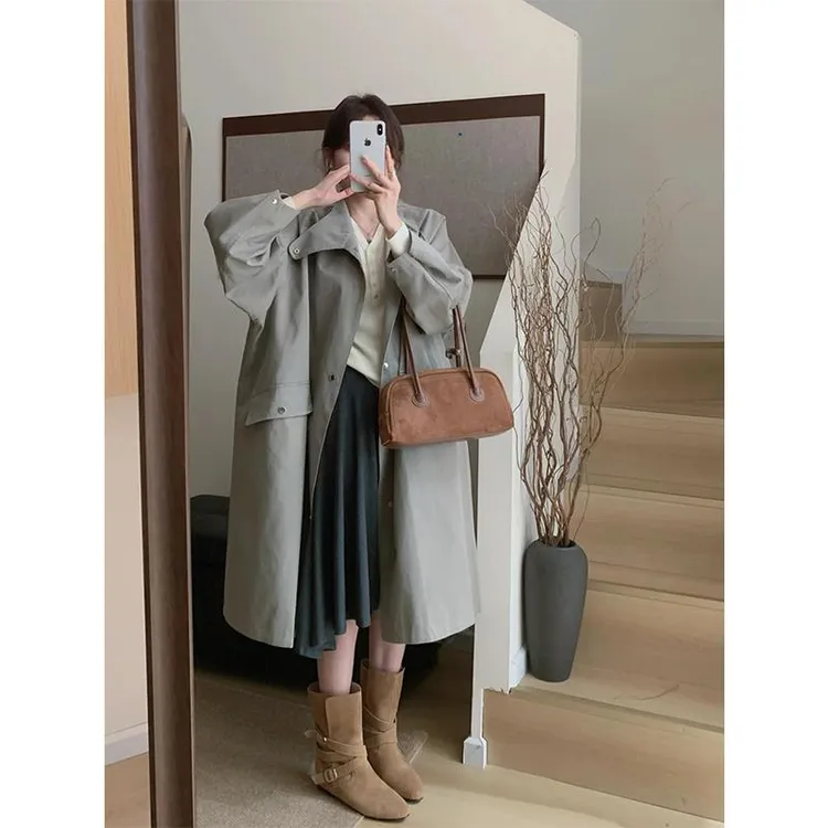 巨好看的早秋独特超好看小个子通勤宽松休闲中长款灰色风衣外套女