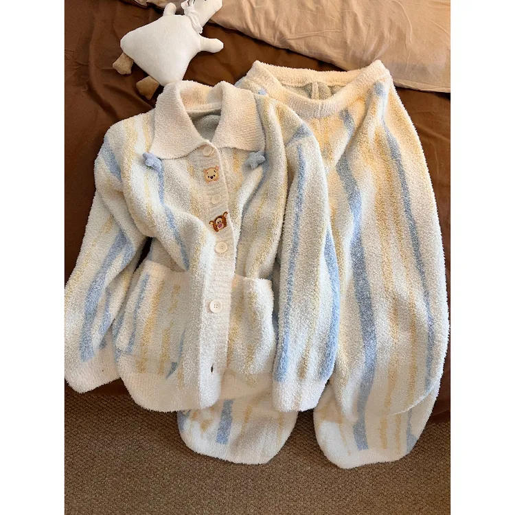 卡通星星条纹维尼熊针织半边绒睡衣女秋冬加厚家居服套装可外穿