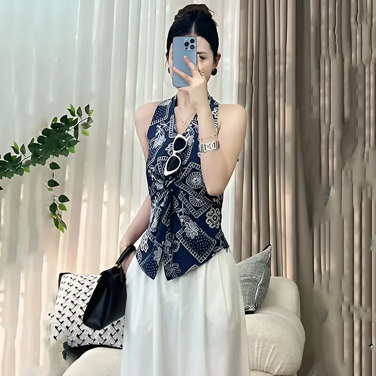 Yh【夏日清凉】夏季气质高级感纯欲风性感v领印花设计无袖上衣小衫