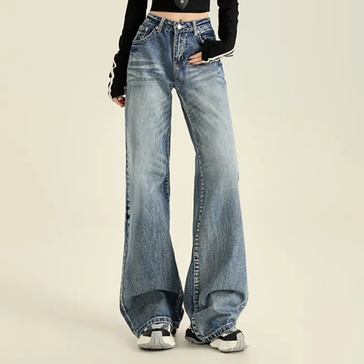 微喇裤无弹低腰牛仔裤拉链加厚款极简风纽扣街头风宽松高腰裤子