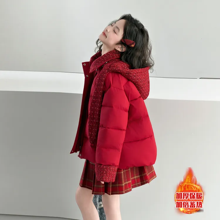 女童冬季红色棉服2025新款拜年服加厚冬装保暖拼接保暖外套棉衣潮