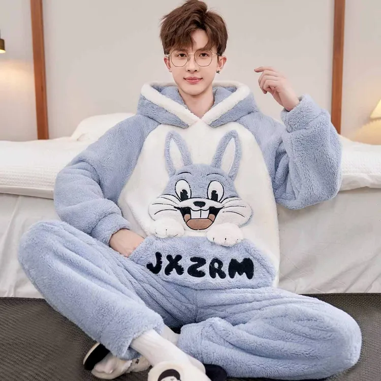 大码新款男士睡衣保暖加绒青少年厚款冬季卡通加厚冬天家居服套装