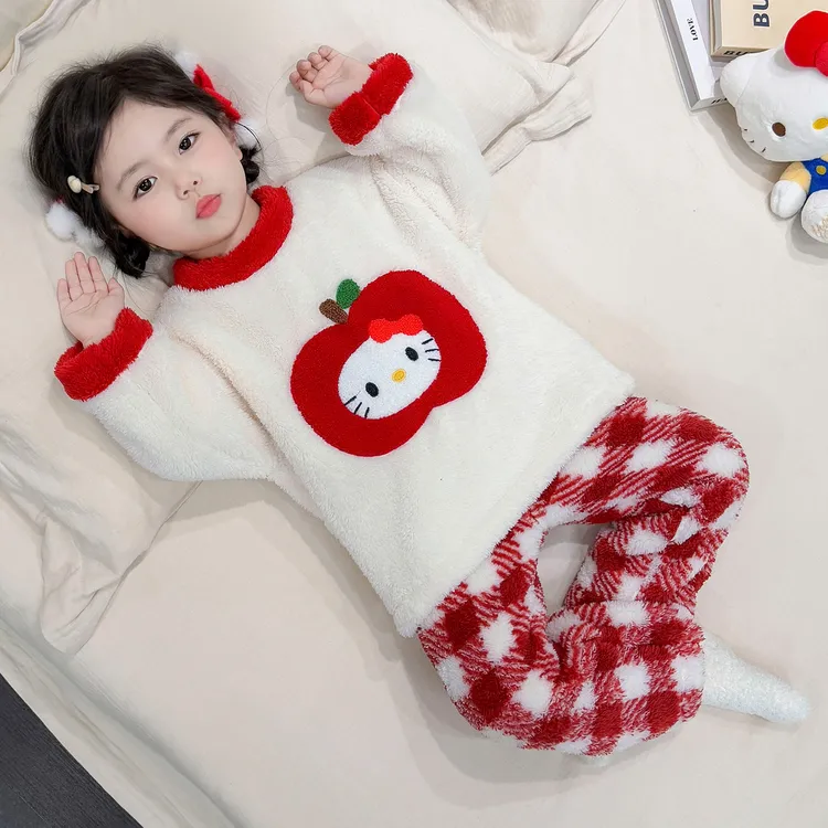 女童格子睡衣秋冬季女宝可爱加厚家居服女孩宝宝2025新款儿童套装