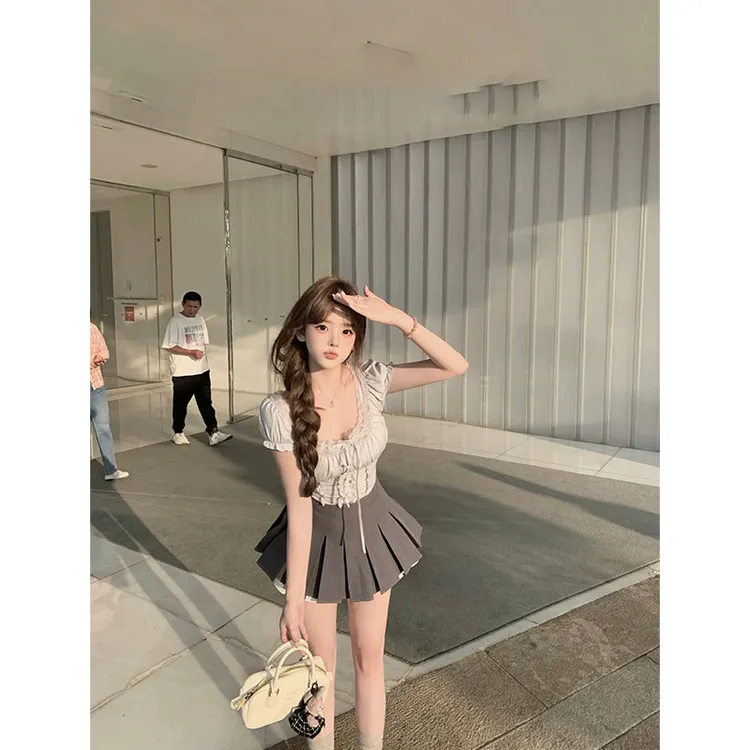 【薄巧苏打】韩系甜美薄荷绿波点衬衫女配双层百褶半身短裙两件套 