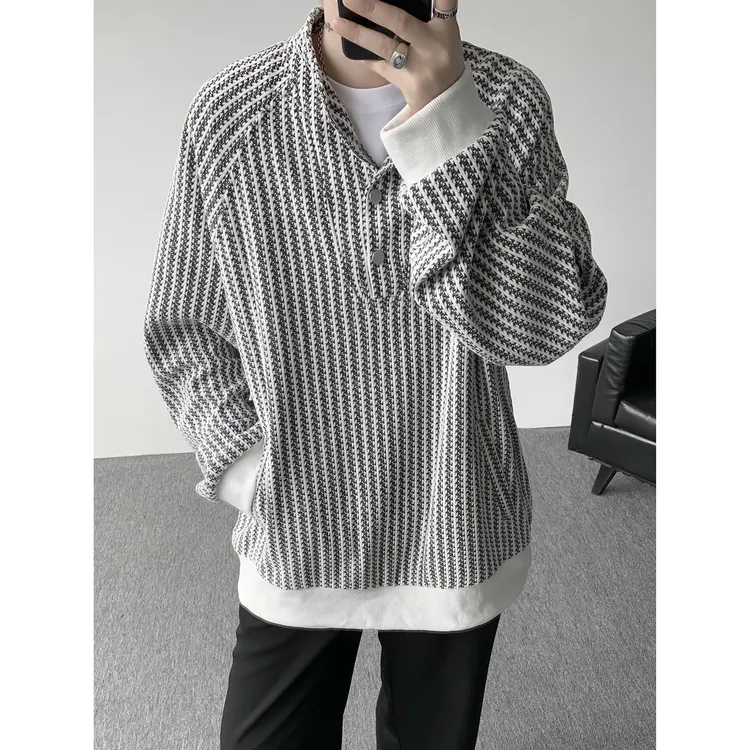 鱼骨纹肌理排扣立领卫衣男春秋潮牌重磅套头上衣宽松大码长袖外套