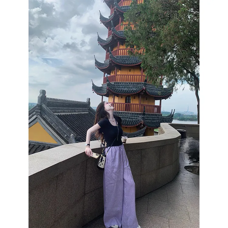 2025新款女士夏季纯欲甜辣妹修身显瘦短袖T恤上衣高腰宽松阔腿裤