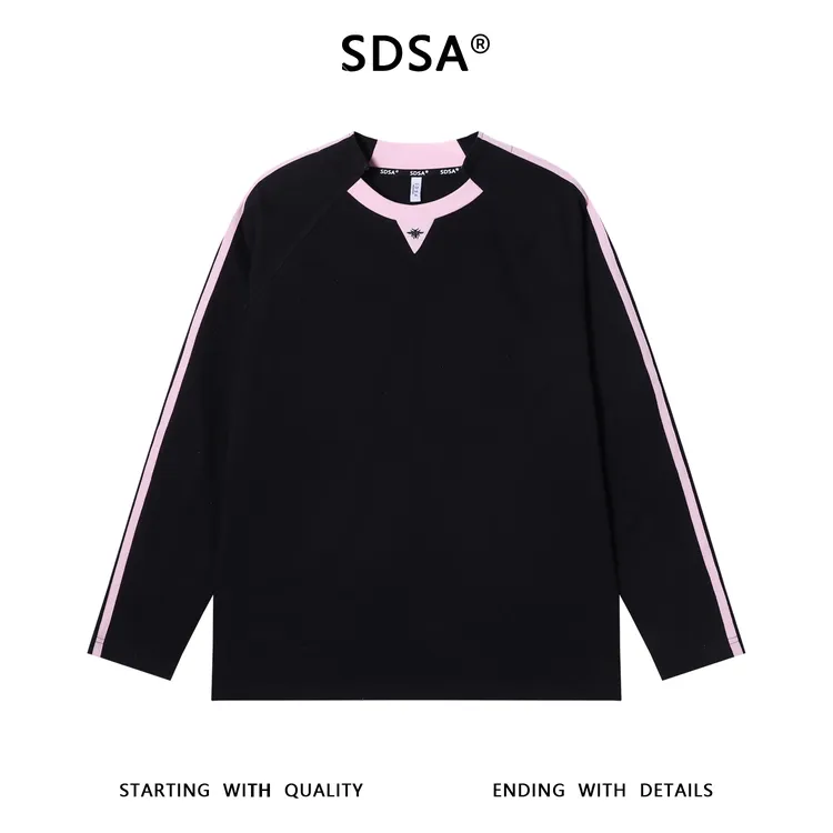 SDSA男士秋冬新款痞帅男装拼色蜜蜂刺绣长袖T恤不规则领口百搭潮