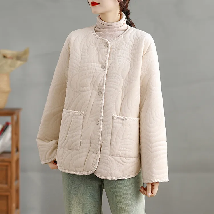 时尚高级感杏色菱格夹棉外套宽松上衣双口袋长袖排扣圆领棉服女式