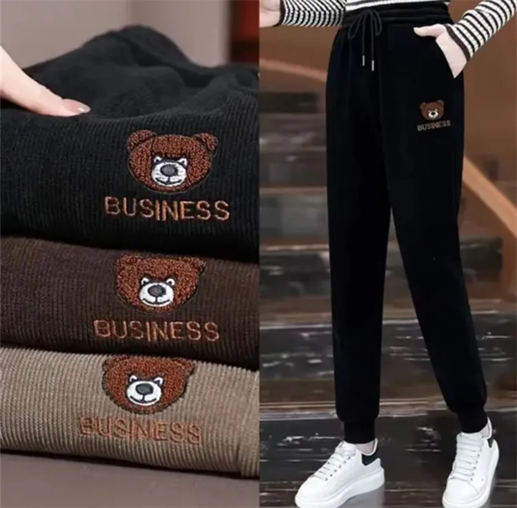 2025秋冬加绒卫裤小熊刺绣灯芯绒哈伦裤秋冬季休闲显瘦束脚运动裤