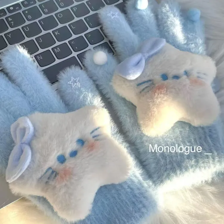 新款蓝色系蝴蝶结星星kt手套女冬季保暖甜美可爱卡通学生骑行防寒