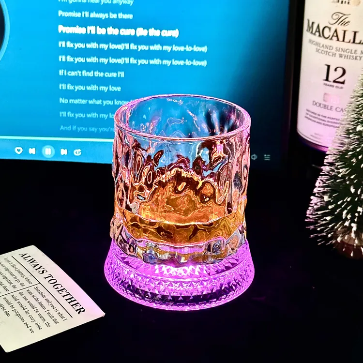 【送粉光杯垫】水波纹威士忌旋转杯玻璃高级感不倒翁轻奢高级酒杯