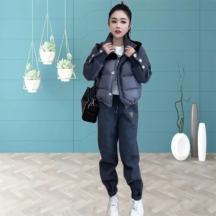 欧货时尚休闲套装女加绒加厚冬季新款立领棉服上衣+束脚裤两件套