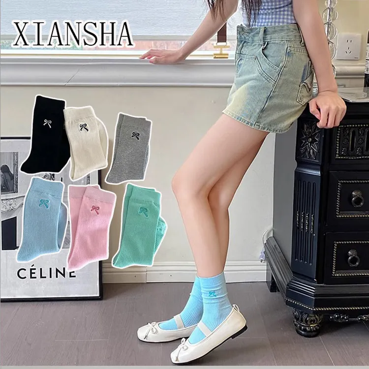 芳芳好物 2025款蝴蝶结刺绣袜子女薄款中长筒袜ins潮糖果色棉袜