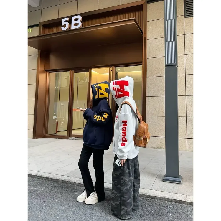 HandSeven美式秋冬字母刺绣重磅连帽卫衣加绒新款设计感情侣上衣