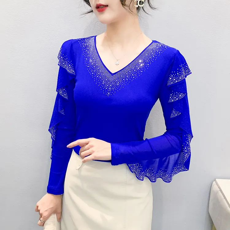 高端镶钻荷叶边跳舞服装新款网红摩登吉特巴广场拉丁舞演出上衣女