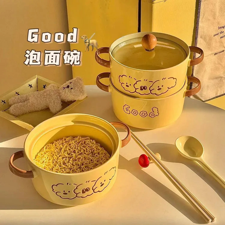 可爱陶瓷泡面碗带盖餐具学生宿舍大容量面碗个人用双耳螺蛳粉碗LX