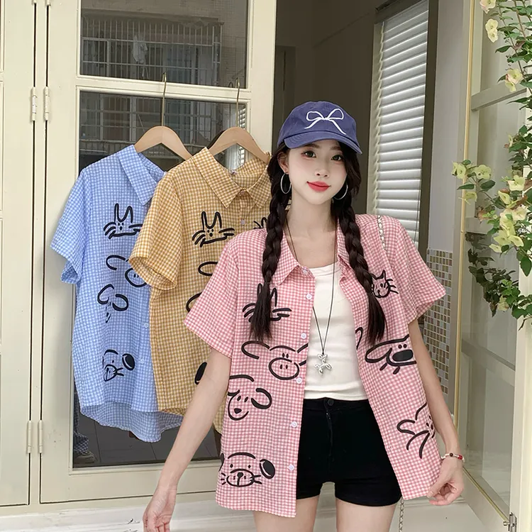 大码胖mm夏季新款正肩短袖格子卡通印花衬衣韩版显瘦两穿休闲5913