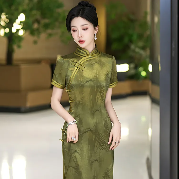 新中式旗袍高端2025夏季老上海素雅国风礼服改良长款裙子日常可穿