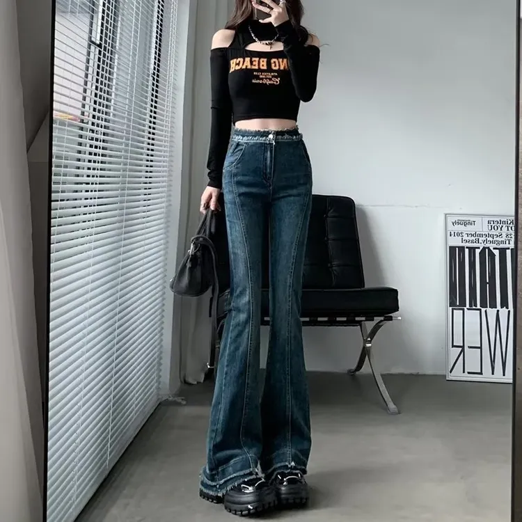春季新款复古港风小个子长裤深色显瘦牛仔裤女微喇裤高腰简约长裤