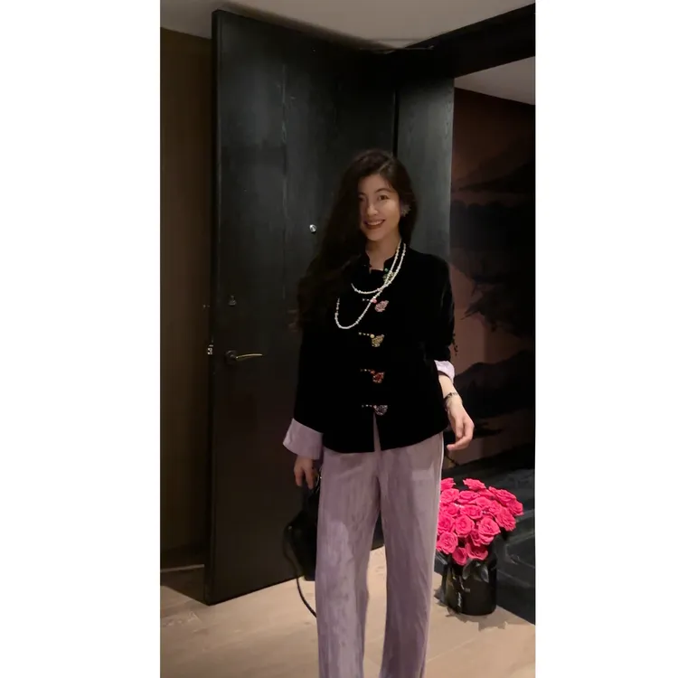 N.COU妮蔻25秋新款新中式复古精致设计感撞色拼接丝绒套装DY79732