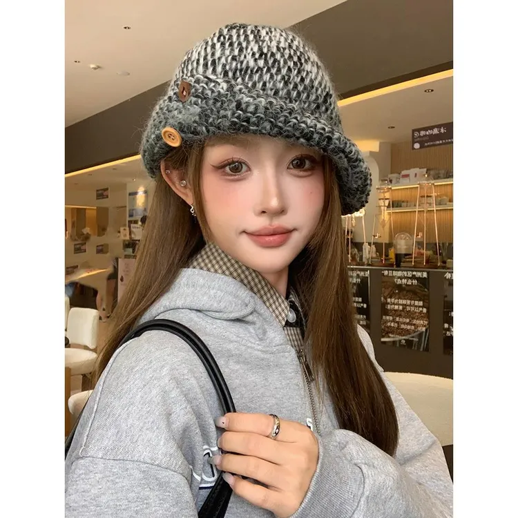 纽扣针织渔夫帽女秋冬季韩版百搭显脸小包头帽大头围保暖毛线帽子