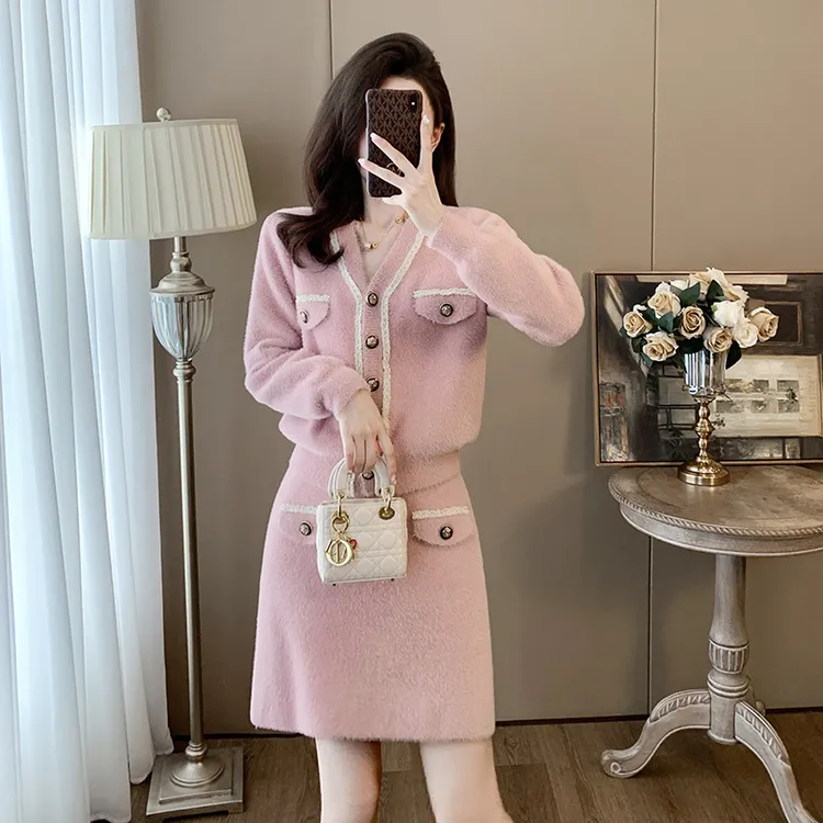 韩版小香风气质针织两件套装裙十三行女装开衫半身裙时尚休闲套装