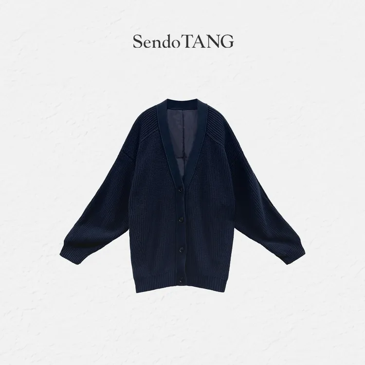 宽松慵懒风藏蓝色长袖棉服外套胖多女装软糯百搭开衫外套【冬韵】