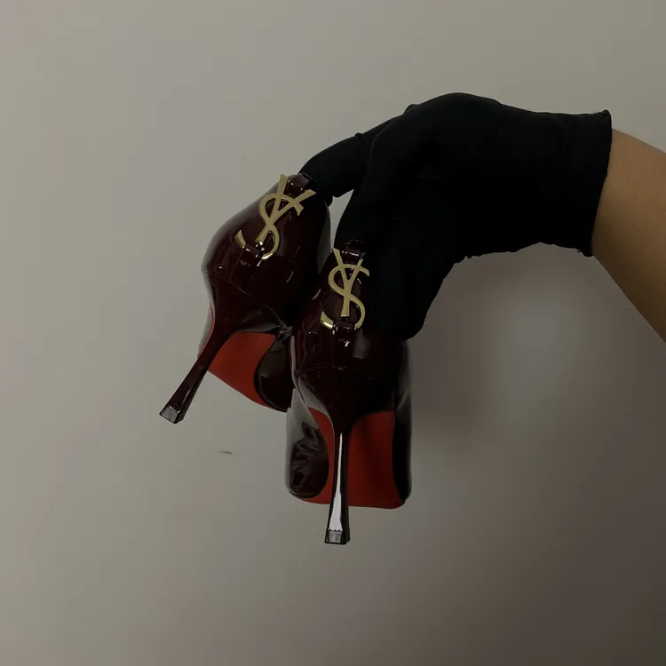 【7厘米】后跟金属扣四季高跟鞋酒红漆皮尖头细跟黑色单鞋XL528-50