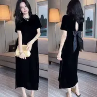 短袖高级感赫本风丝绒镂空美背开衩蝴蝶结时尚显瘦气质连衣裙
