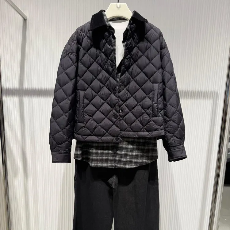 两色菱形格翻领服外套女2025秋冬新款通勤衣休闲下摆抽绳上衣