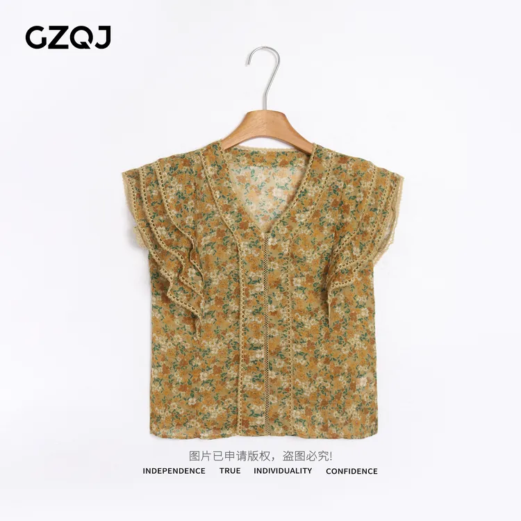 老琴私服【蝶舞黄裳】100苎麻欧若风复古港风碎花V领荷叶边衬衫4418