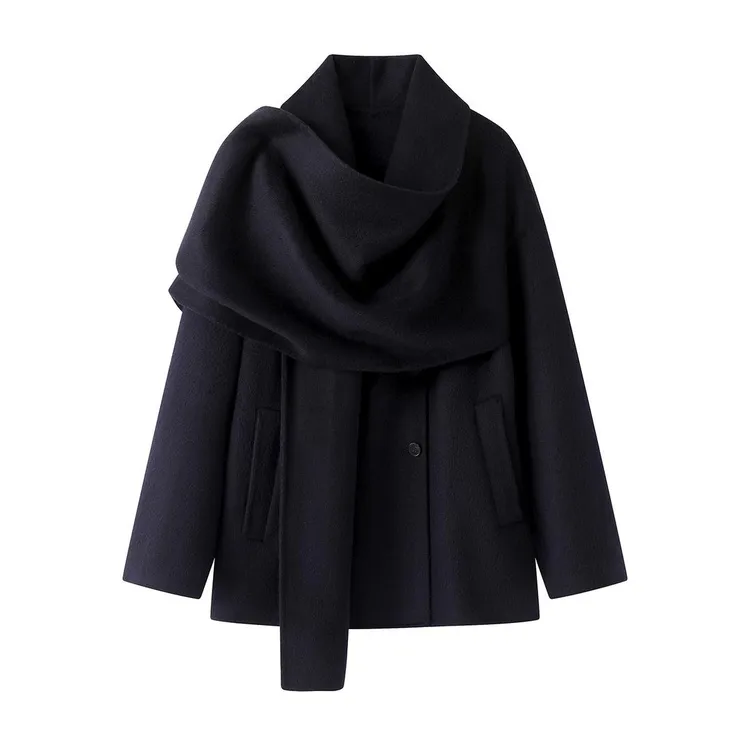 【艾家】中长款女秋冬保暖发热厚款毛呢外套时尚围脖毛呢=AR233001