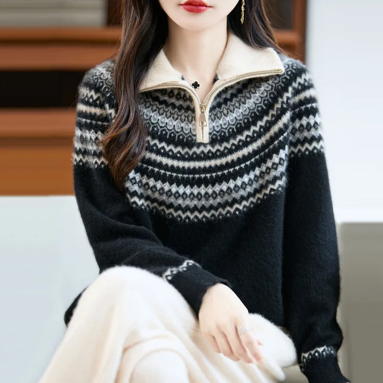 撞色条纹立领针织短款女士毛衣时尚提花短款打底衫潮