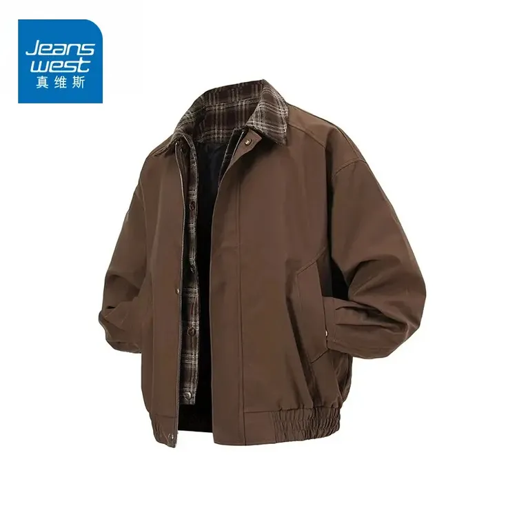 真维斯棕色假两件外套男款2025秋季短款美拉德夹克美式复古棒球服