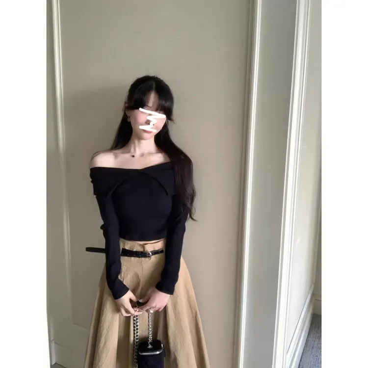 法式气质一字肩长袖针织衫上衣时尚套装女秋季高级感半身裙两件套